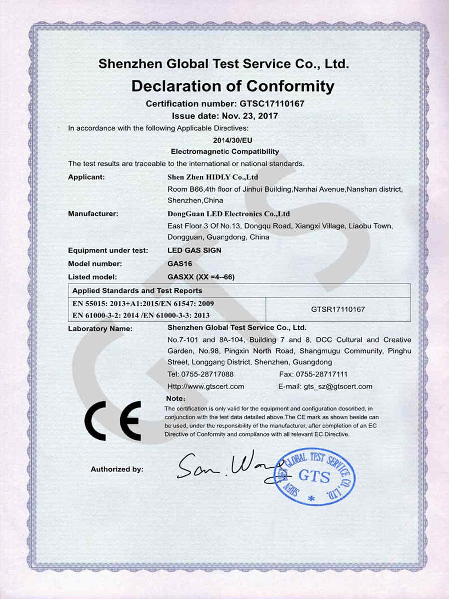 led price signs certificate